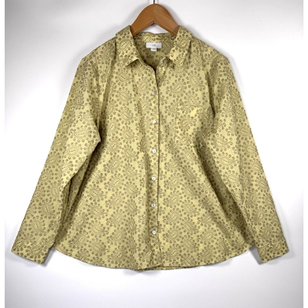 J.Jill Blouse Womens Petite Medium Yellow Embroidered Paisley Floral Button Down
